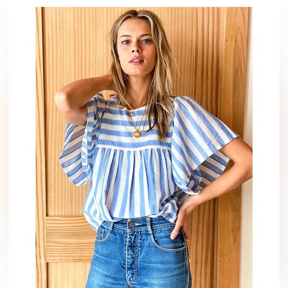EUC Emerson Fry Basalie Top, blue + white scallop stripe, small
